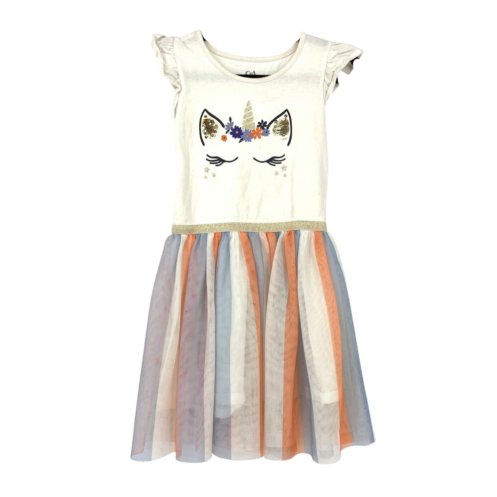 C&A Cap Sleeve Multicolor Tulle Skirted Dress Girls Size 7 White Unicorn Graphic